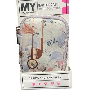 MYTAGALONGS White Terrazzo Earbud Travel Case Pink Blue Pastel Details